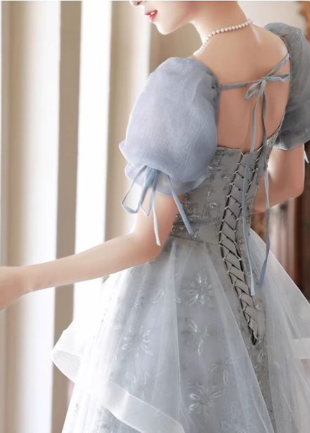 Princess Slate Blue A-line Puff Sleeve Embroidered Tulle Long Prom Dress Evening Dress P4484