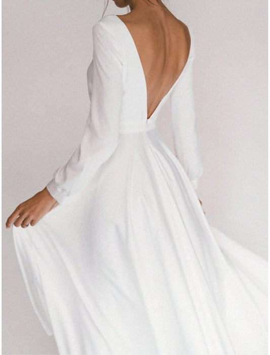 omberprom Bridal Shower Little Dresses Casual Wedding Dresses A-Line Square Neck Long Sleeve Ankle Length Chiffon Bridal Gowns With Pleats