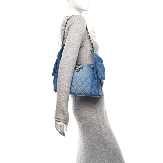 Washed Denim Quilted Small Chanel 25 Handbag Blue