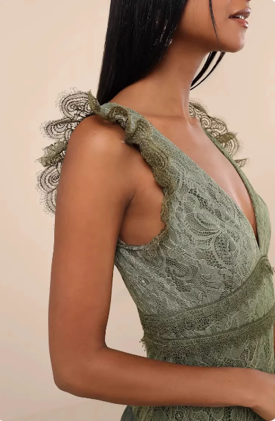 Elegant Sage Green A-line Ruffled V-neck Layered Lace Long Prom Dress Evening Dress P4490