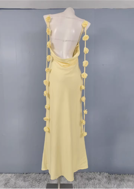 Elegant Pale Yellow 3D Rose Spaghetti Strap Open Back Slim-fit Satin Long Prom Dress Evening Dress P4492