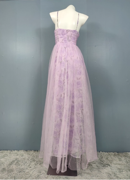 Elegant Lavender A-line V-neck Spaghetti Strap Tulle Long Prom Dress Evening Dress P4495