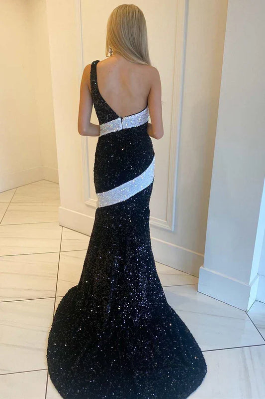 omberprom Black and Sequin Evening Dress One-Shoulder Mermaid Long Prom Gowm