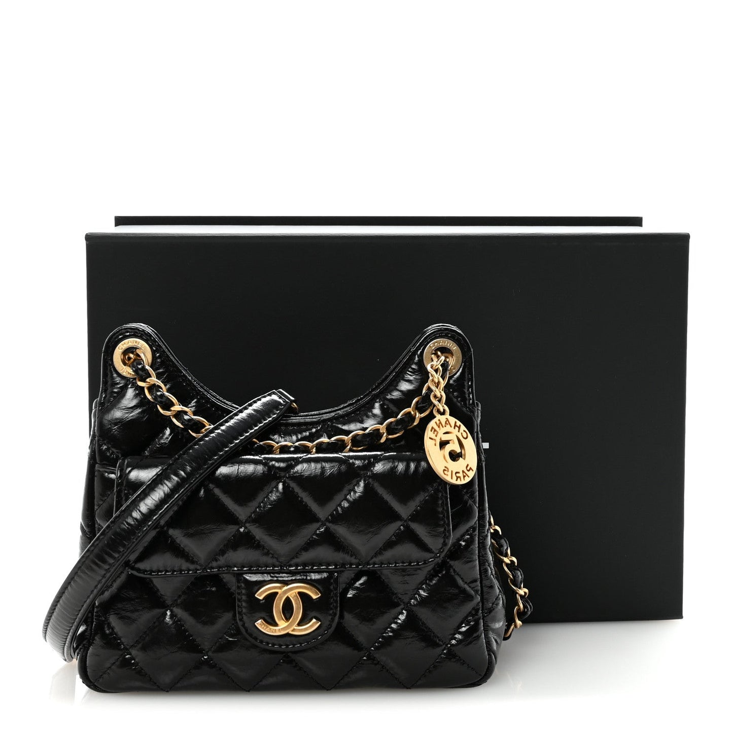 Shiny Crumpled Calfskin Quilted Small Wavy CC Hobo Black