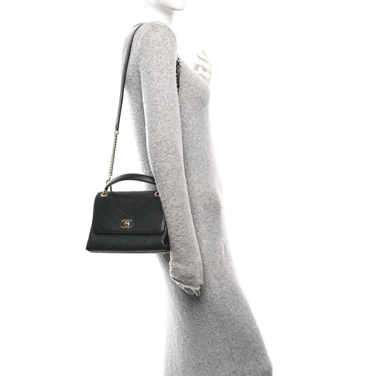 Grained Calfskin Chevron Stitched Small Chic Top Handle Flap Black