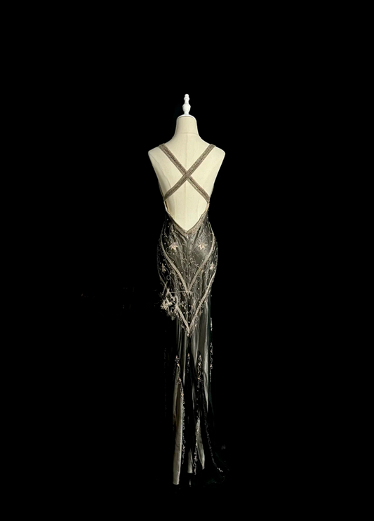 Black halter-neck beaded fitted long ball gown R6649