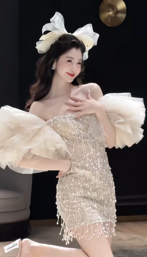White one-shoulder tassel design waist slim hip cute sexy princess skirt homecoming dress R4227