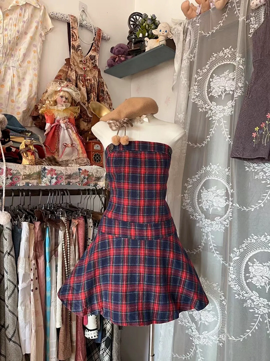 Pink plaid strapless fitted waist short prom dress R7561