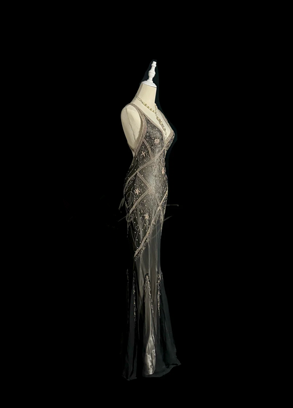 Black halter-neck beaded fitted long ball gown R6649