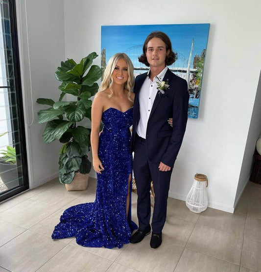 Sparkly Long Royal Blue Prom Dresses Sequins Sleeveless Formal Gowns Cheap S2326