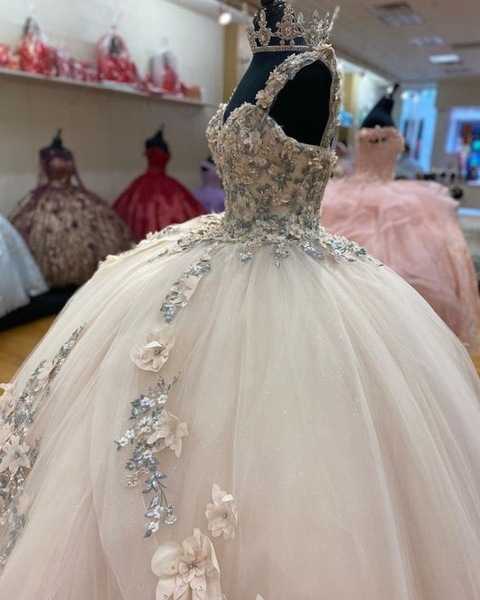 A-line Tulle Ball Gown Puffy Sweet 16 Dress 3D Flowers Birthday Dress S2332