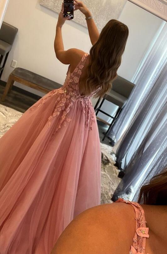 Pink Lace 2023 Prom Dresses Long Sexy Formal Dresses With Beaded S2423