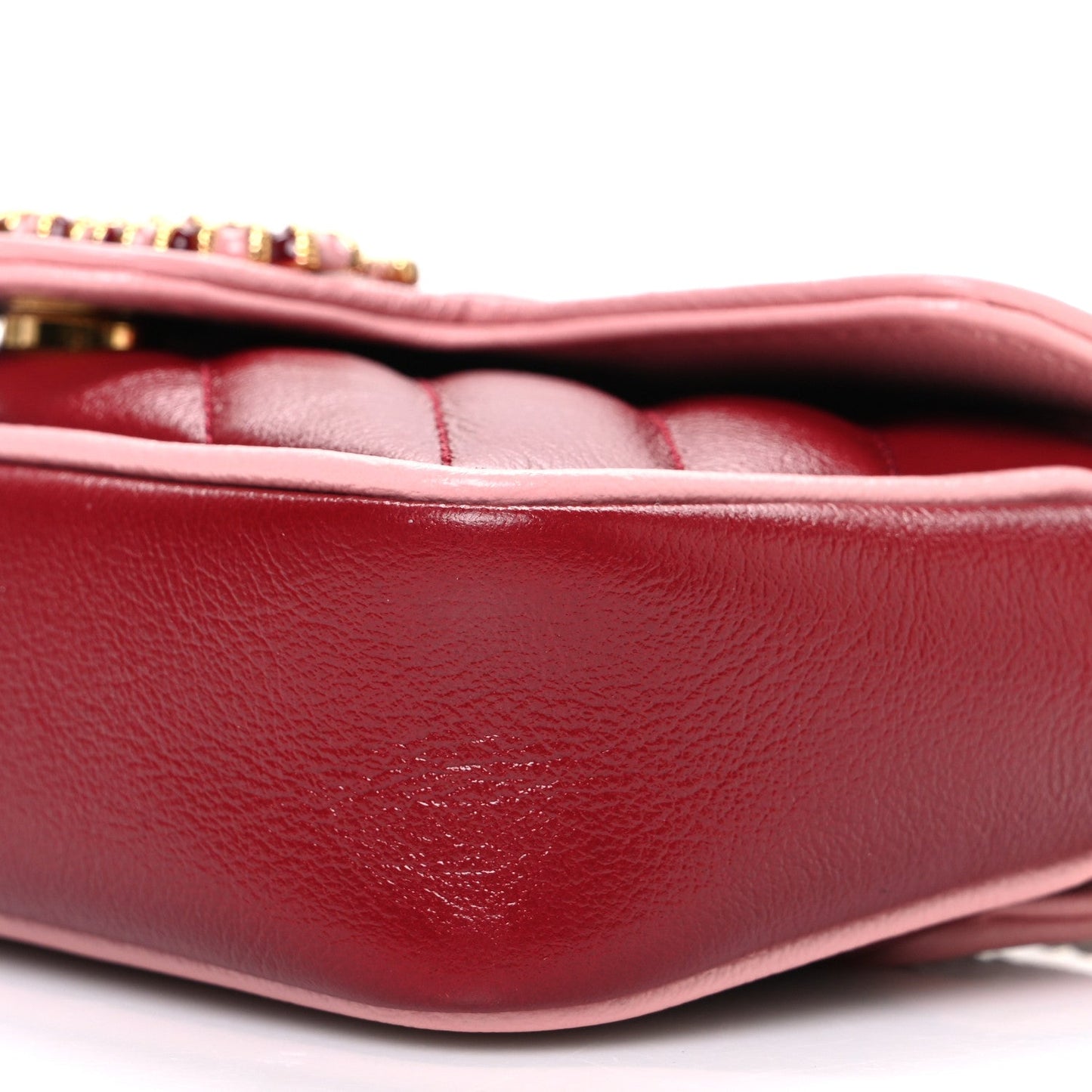 Azalea Calfskin Enamel Matelasse Diagonal Super Mini Torchon GG Marmont Shoulder Bag New Cherry Red Wild Rose