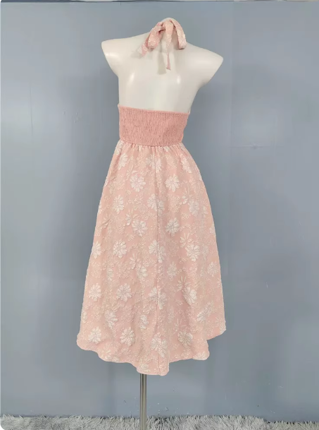 Sweet Pink A-line Halter V-neck Jacquard Prom Dress P4503