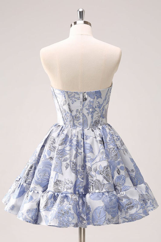 Retro Fashion Blue Corset Design Strapless Mini Party Dress Floral Homecoming Dress TP3393