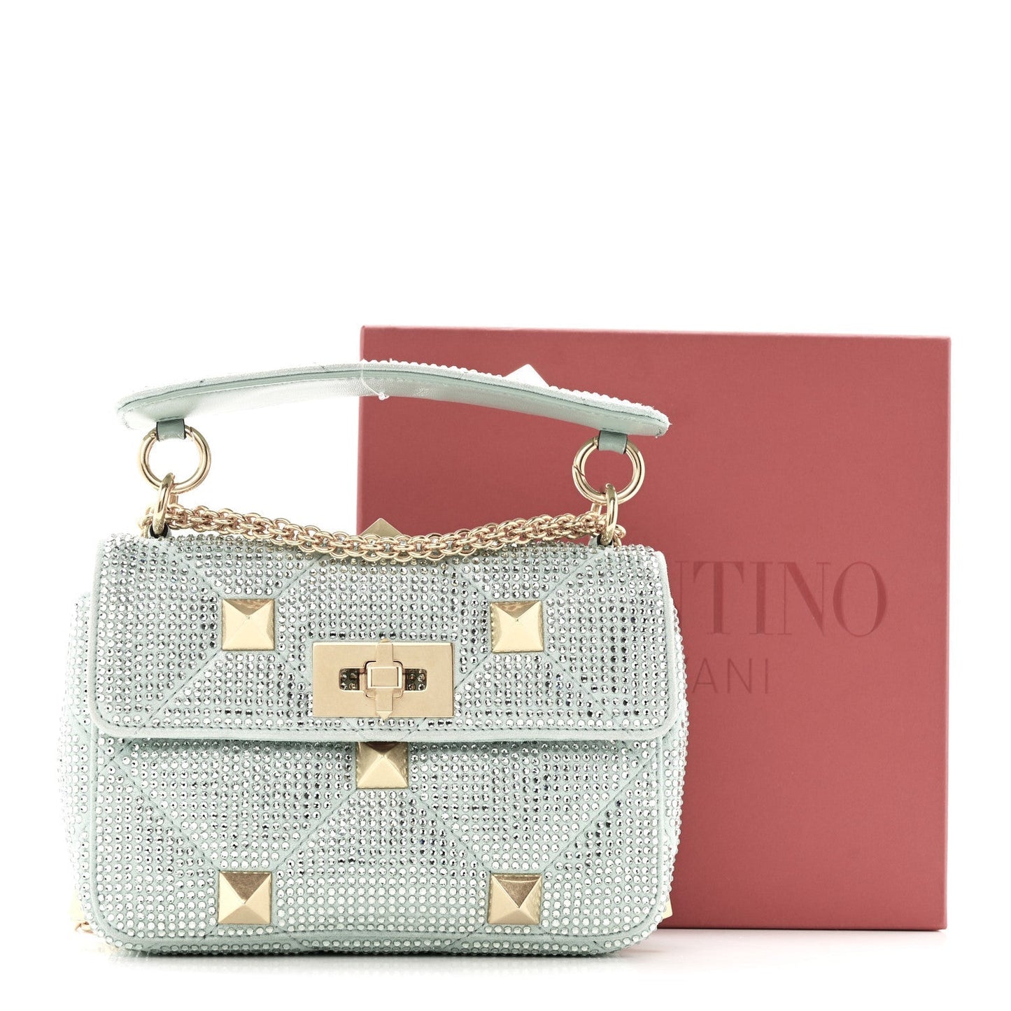 Crystal Suede Small Roman Stud Shoulder Bag Green