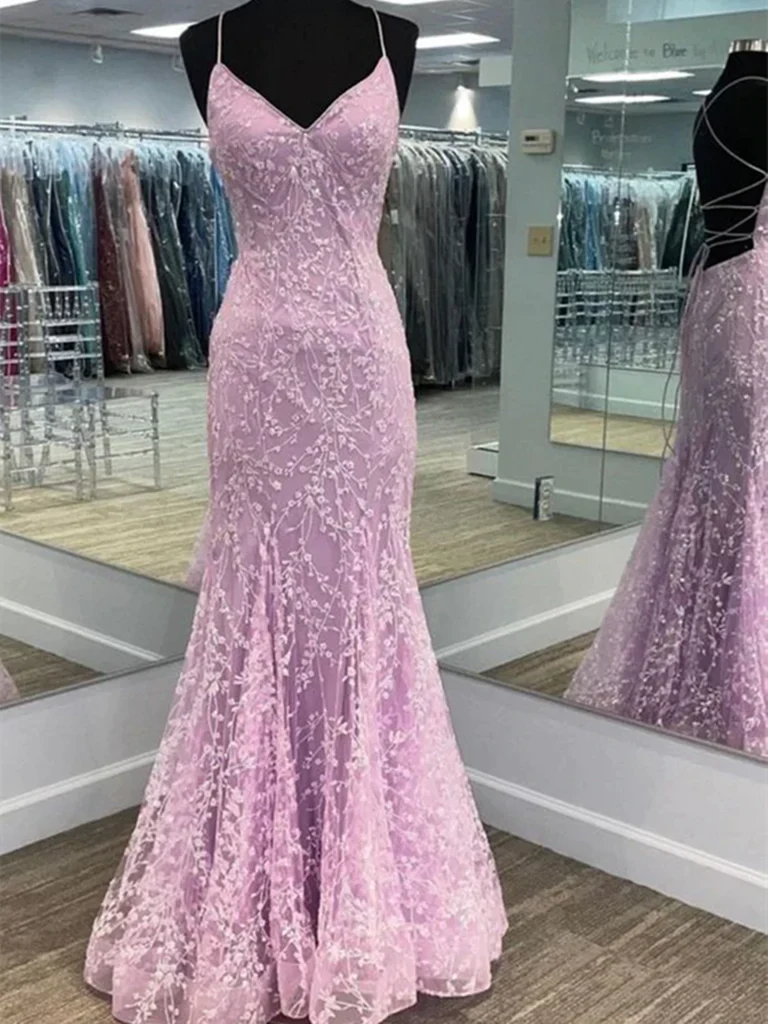 V Neck Backless Mermaid Lace Long Prom Dresses,Lace Evening Dresses TP16