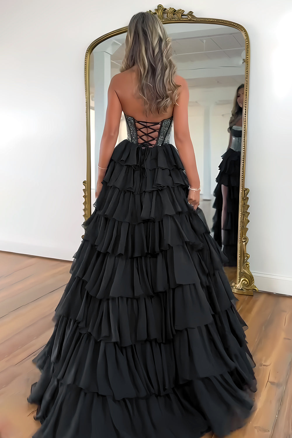 Yellow Strapless Corset A-Line Prom Dress with Layered Ruffle Skirt and Slit