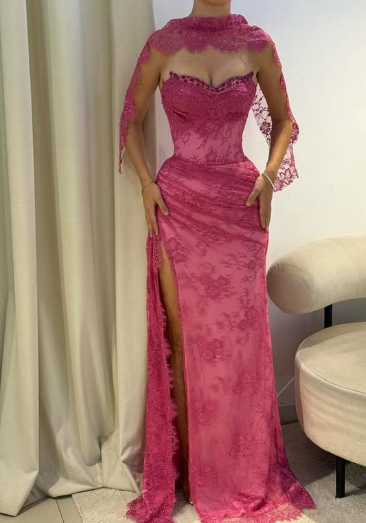 Vintage Fuchsia Sheath Lace Evening Gown High Slit Party Dress Long Formal Dress TP4964