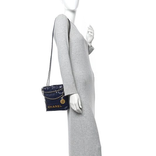 Shiny Calfskin Quilted Mini Chanel 22 Navy Blue