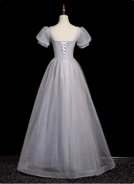 Dreamy Light Purple A-line Square Neck Short Sleeve Tulle Long Prom Dress Evening Dress P4582