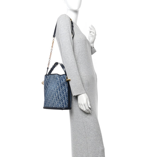 Denim Oblique Jacquard Medium C'est Chain Bucket Bag Denim Blue