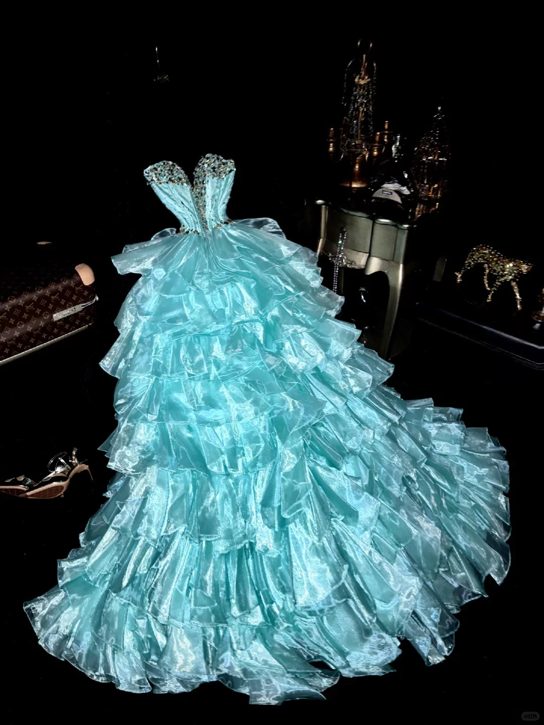 Ethereal Ice Blue Tiered Tulle Rhinestone Strapless Sweetheart Deep V Bodice Evening Gown TP5346