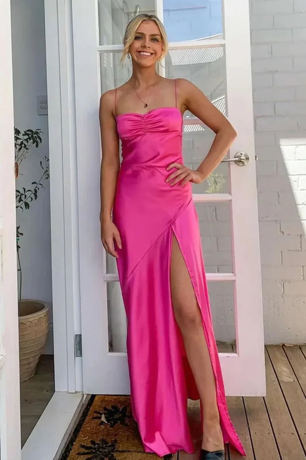 Trendy Sheath Spaghetti Straps Red Long Party Dress with Split Front