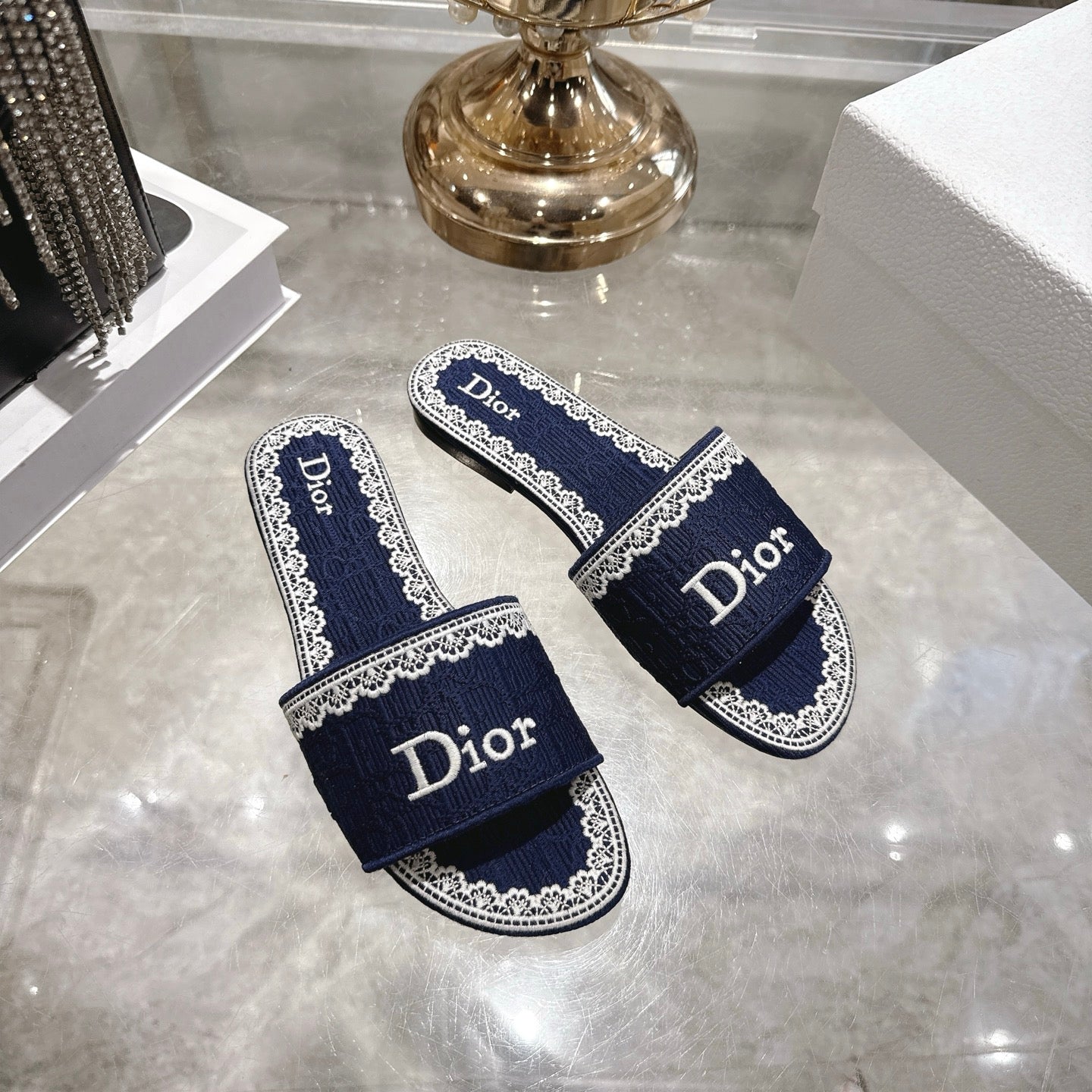 CC 26 Embroidered Sandals Blue White Canvas 592244