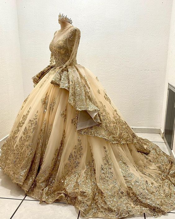 Gorgeous Glittering Golden Beaded Sweet 16 Quinceanera A-Line Floor-length Prom Dress Birthday Dress Evening Dress Ball Gown TP4412