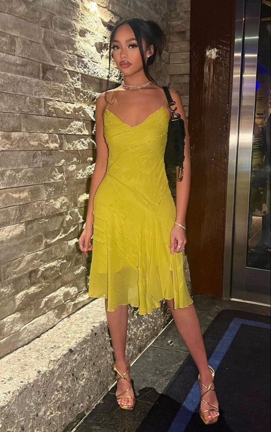 Yellow Spaghetti Straps Knee Length Dress,Party Gown fg1443