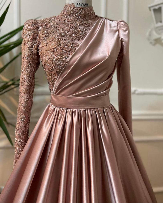 Rose Gold Prom Dress Long Sleeves Dubai Evening Dresses Muslim Women Wedding Party Gowns fg1492
