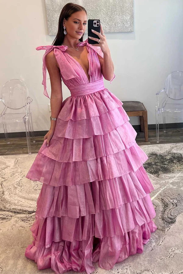omberprom Glitter Tie Straps Pink Plunging Neck Tiered Long Prom Dress