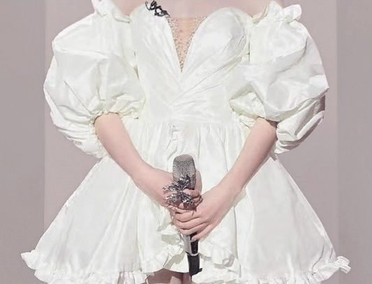 French retro one shoulder white V-neck studded bubble sleeve dress, fluffy dress, homecoming dress R2985