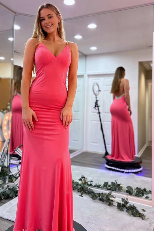 omberprom Fashion Navy Blue Beaded V-Neck Backless Mermaid Long Prom Dress