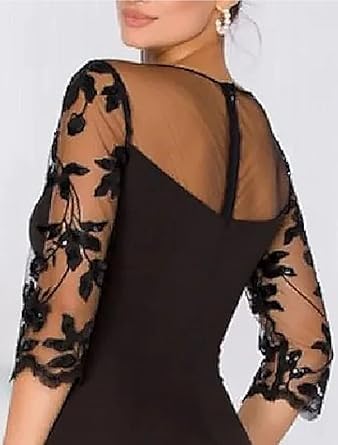 omberprom A-Line Elegant Wedding Guest Dress Court Train Jewel Neck 3/4 Sleeve Evening Dress with Beading Slit Appliques Fall Wedding Guest Dress November