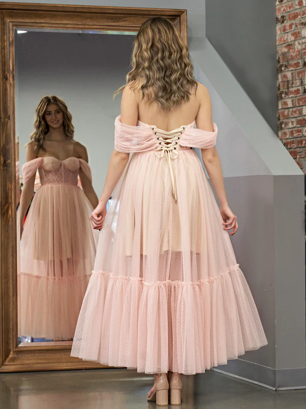 omberprom A-Line Evening Dress Rose Pink Tulle Sweetheart Tea-Length Prom Dress