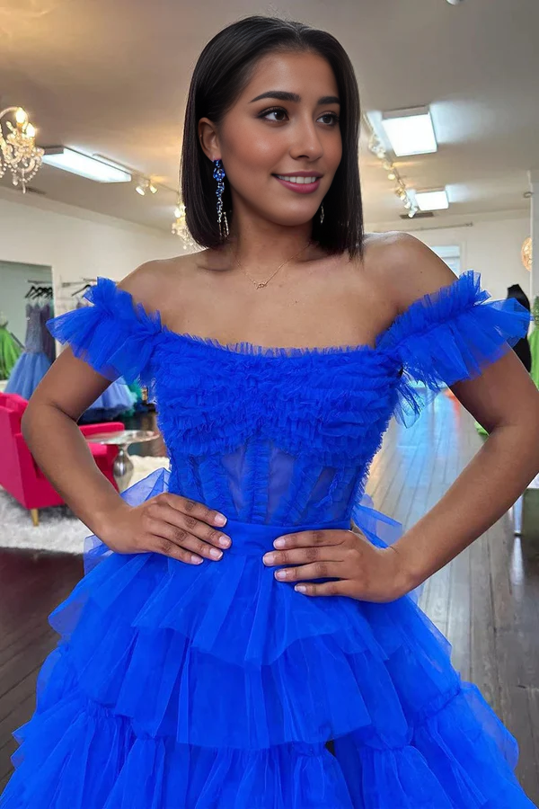 omberprom Royal Blue Off the Shoulder Evening Dress Ruffle Tiered Tulle Long Prom Dresses with Slit