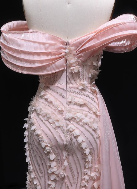 Stunning Pink Mermaid Train Off-the-Shoulder 3D Floral Satin Prom Dress Evening Dress P4636