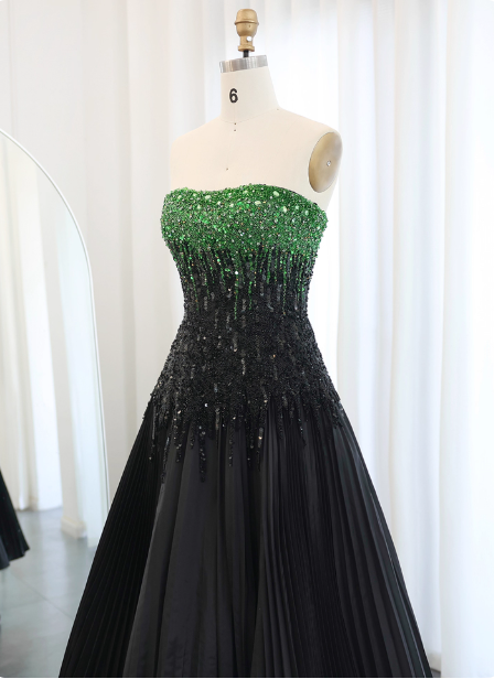High-End Black and Green Color-Block A-line Strapless Sequin Satin Long Prom Dress Evening Dress P4637