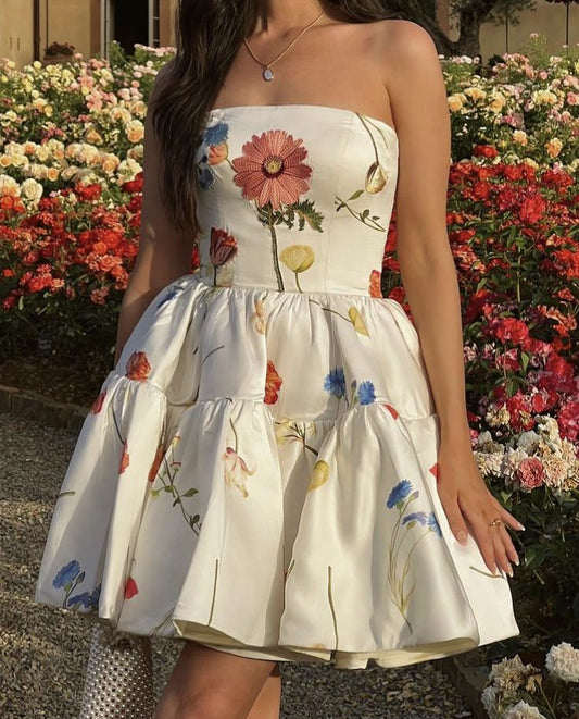 White tube top short skirt printed waist fresh puffy short skirt homecoming dress R3644