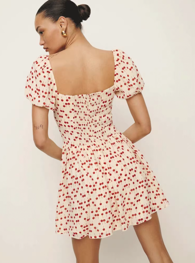 Dress French Cherry Print Square Neck Puff Sleeves Ruffle Waist Short Skirt R2933