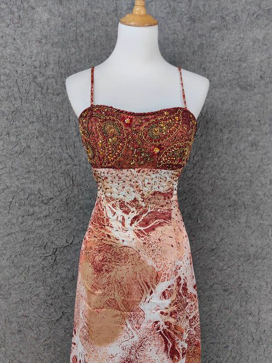Vintage Red-Brown Gilded Gradient Spaghetti Strap Beaded Satin Long Prom Dress Evening Dress P4640