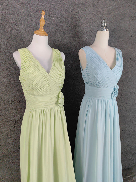 Elegant Light Green A-Line V-Neck Sleeveless Ruffled Chiffon Long Prom Dress Evening Dress P4641
