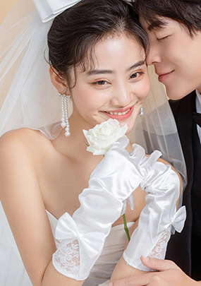 Off-white lace bow mid-length wedding dress banquet dinner gloves S6243