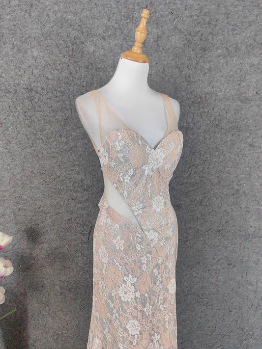 Elegant Blush Pink Lace Gradient Spaghetti Strap V-Neck Train Prom Dress Evening Dress P4648