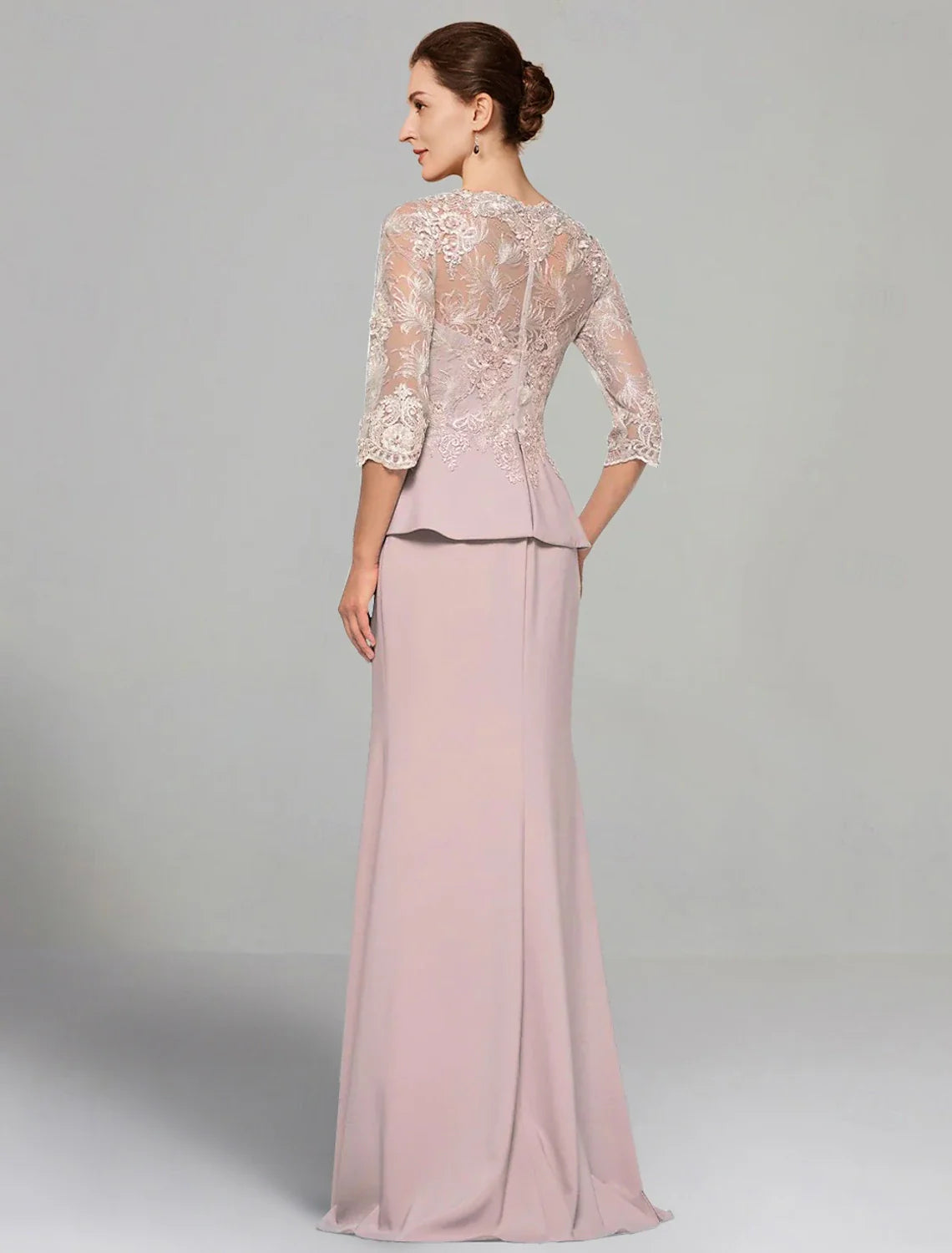 omberprom Sheath / Column Dress Mother of the Bride Dress Elegant V Neck Floor Length 3/4 Length Sleeve with Lace Pleats