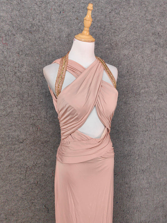 Stunning Pink Sleeveless Cross Neck Beaded Satin Long Prom Dress Evening Dress P4650