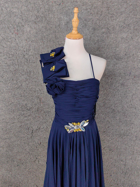 Elegant Navy Blue One-Shoulder 3D Floral Chiffon Long Prom Dress Evening Dress P4654