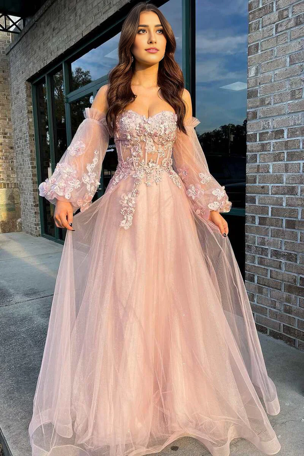 omberprom Pink Tulle Evening Dress Strapless A-Line Prom Dress with Balloon Sleeves